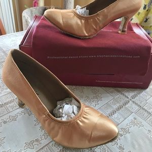 Tan satin ballroom dance shoes